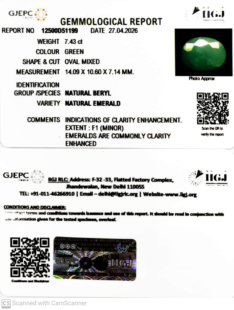 7.43/CT Natural Panna Stone with Govt. Lab Certificate-12500D51199