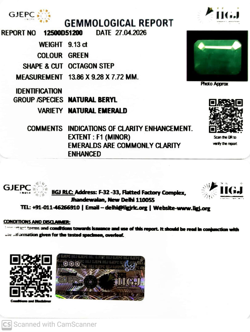 9.13/CT Natural Panna Stone with Govt. Lab Certificate-12500D51200