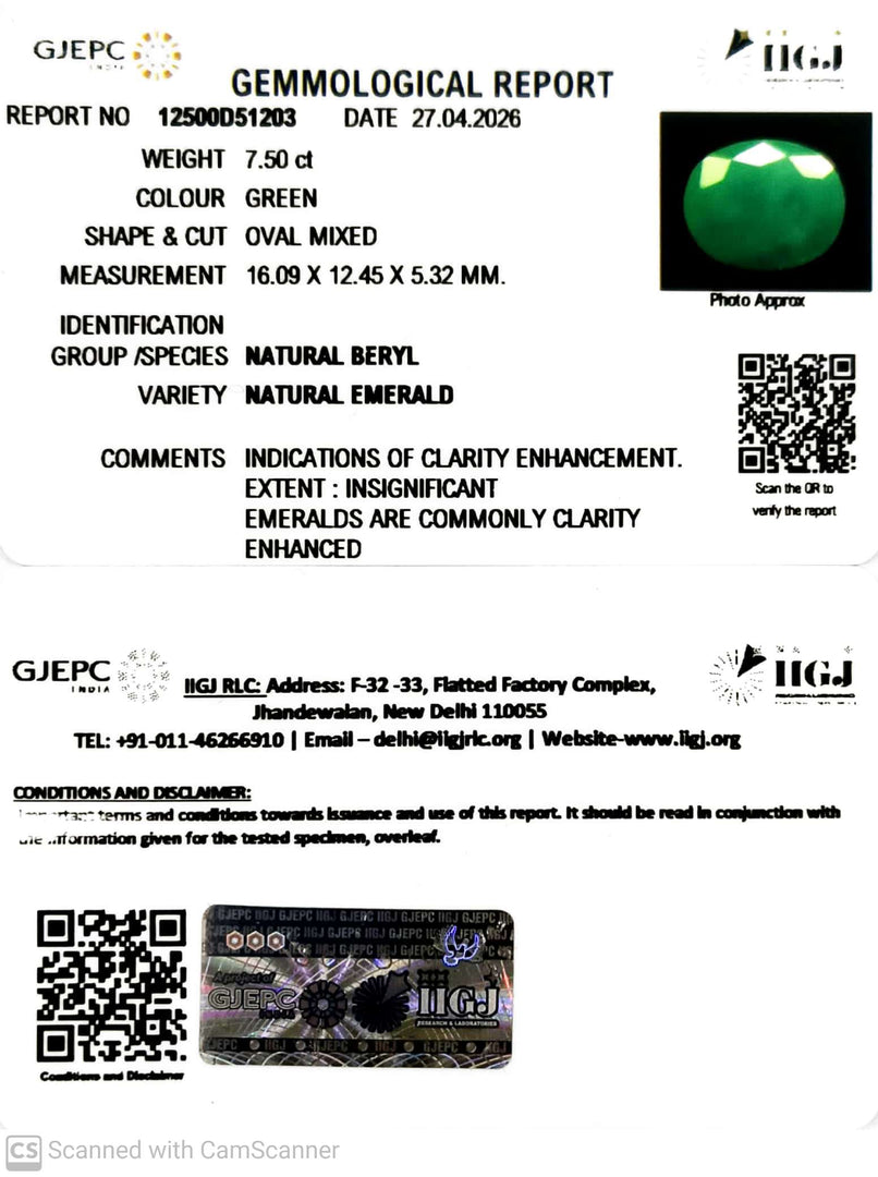 7.5/CT Natural Panna Stone with Govt. Lab Certificate-12500D51203