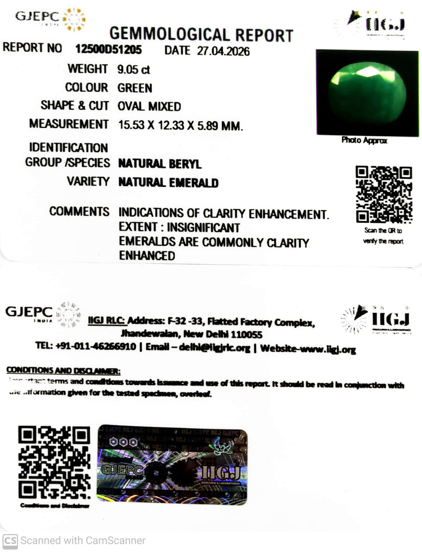 9.05/CT Natural Panna Stone with Govt. Lab Certificate-12500D51205