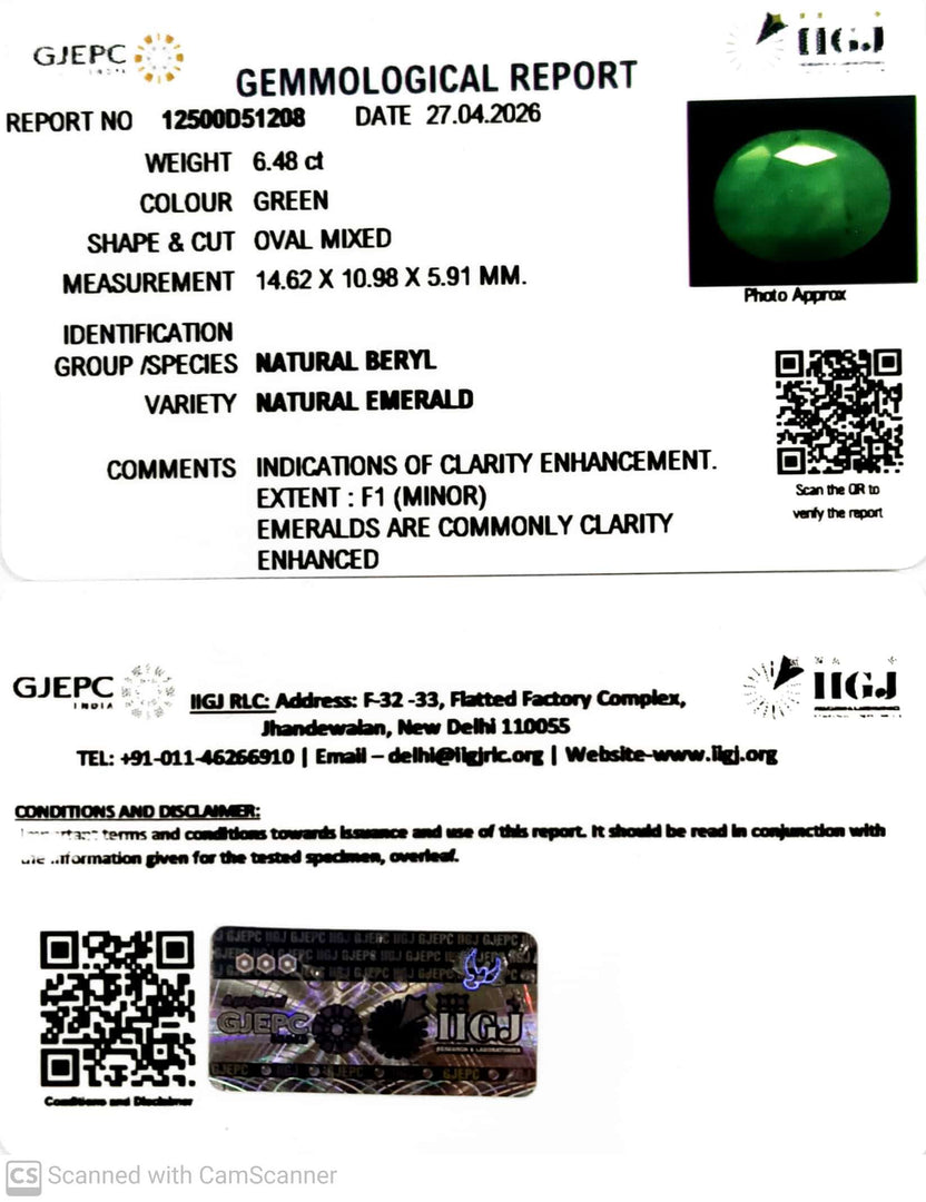 6.48/CT Natural Panna Stone with Govt. Lab Certificate-12500D51208