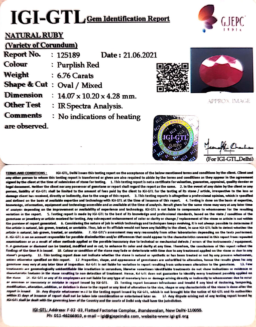 6.76/CT Natural Ruby with Govt. Lab Certificate (5661)
