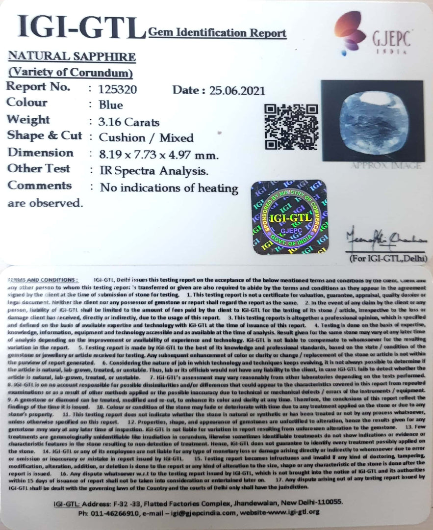 3.16/CT Natural Ceylonese Neelam with Govt Lab Certificate-BLUSA9S