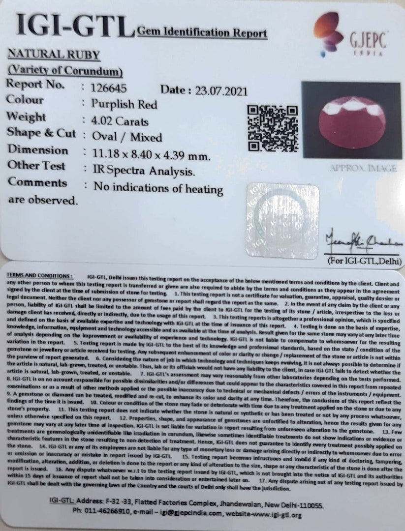 4.46 Ratti Natural Neo Burma Ruby with Govt. Lab Certificate-(4551)