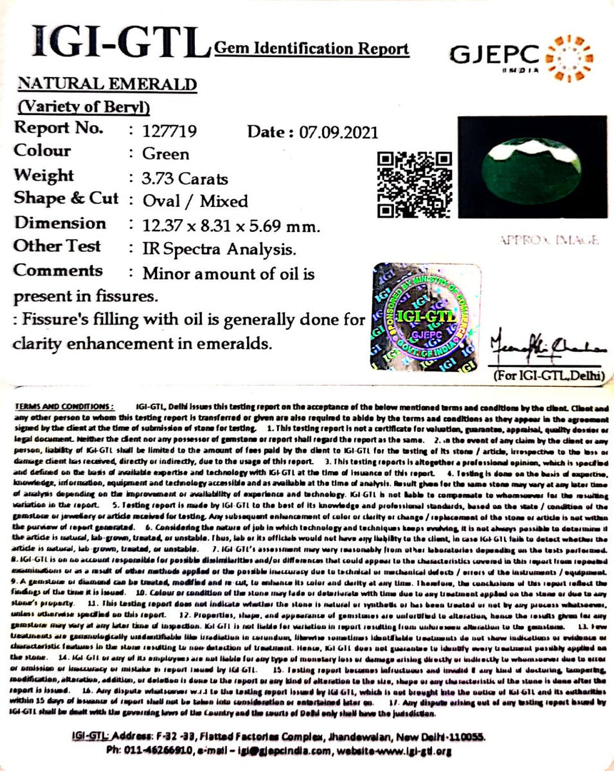 3.73/CT Natural Panna Stone with Govt. Lab Certificate (6771)