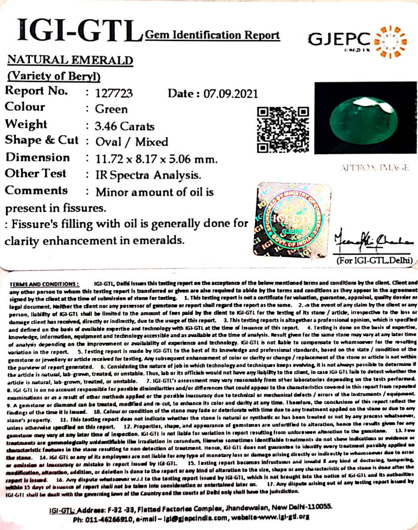 3.46/CT Natural Panna Stone with Govt. Lab Certificate (6771)