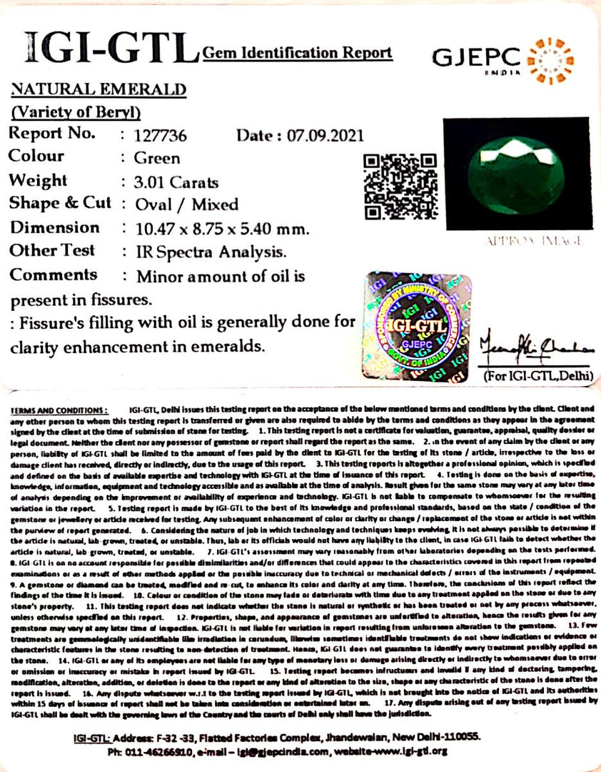3.01/CT Natural Panna Stone with Govt. Lab Certificate (6771)
