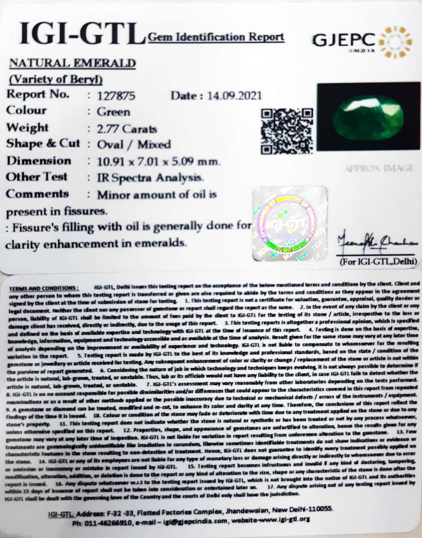 2.77/CT Natural Panna Stone with Govt. Lab Certificate (6771)