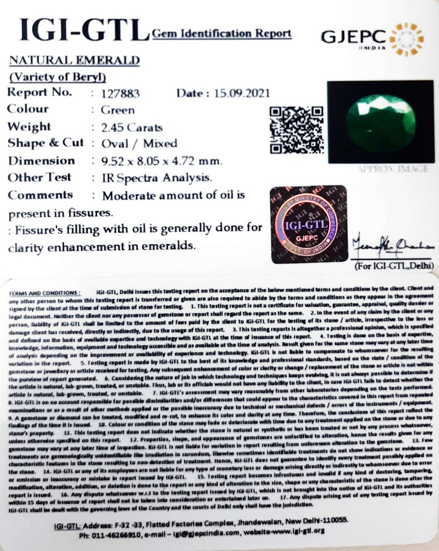 2.45/CT Natural Panna Stone with Govt. Lab Certificate (6771)