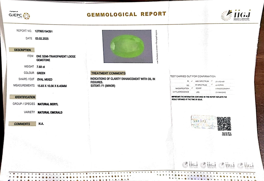 7.68/CT Natural Panna Stone with Govt. Lab Certificate-12210