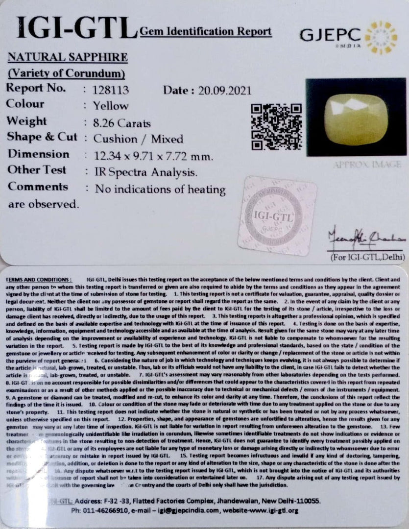 8.26/CT Natural Yellow Sapphire with Govt Lab Certificate-(1221)