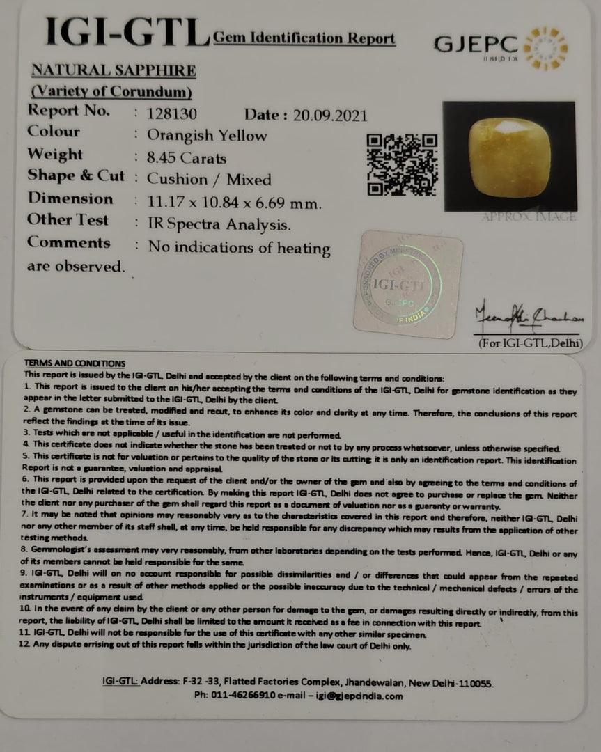 8.45/CT Natural Yellow Sapphire With Govt Lab Certificate-128130