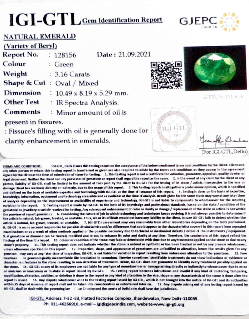 3.16/CT Natural Panna Stone with Govt. Lab Certificate (6771)