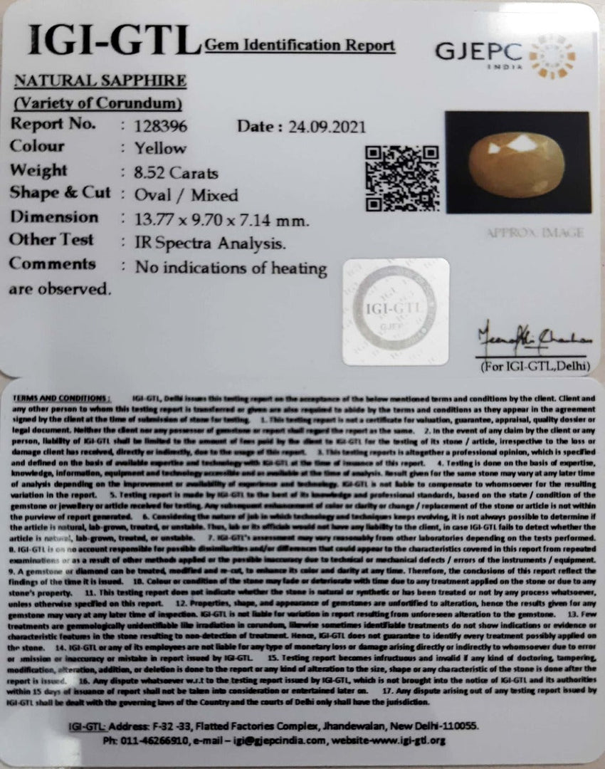 8.52/CT Natural Yellow Sapphire with Govt Lab Certificate-(1221)
