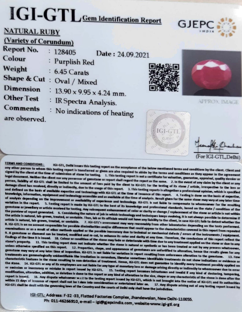 6.45/CT Natural Ruby Stone with Govt. Lab Certificate-128405