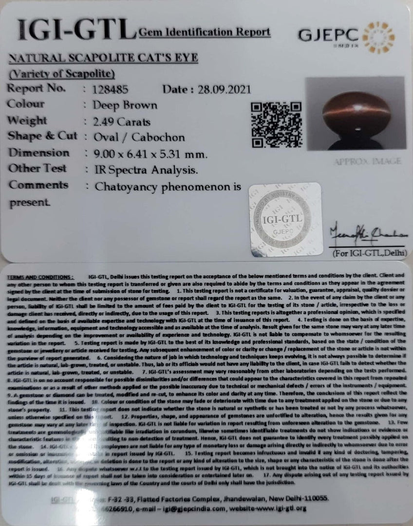 2.49/CT Natural Scapolite Cat's Eye with Govt. Lab Certified-(1221)