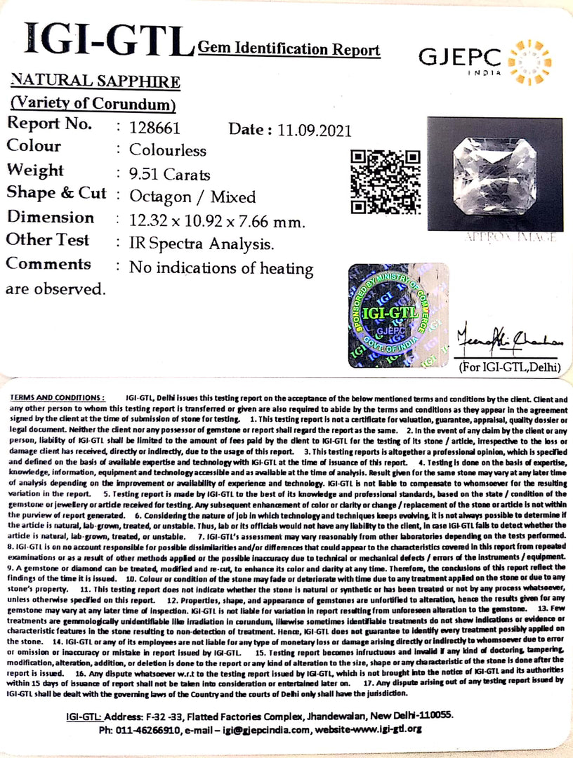 9.51/CT Natural White Sapphire with Govt Lab Certificate-128661