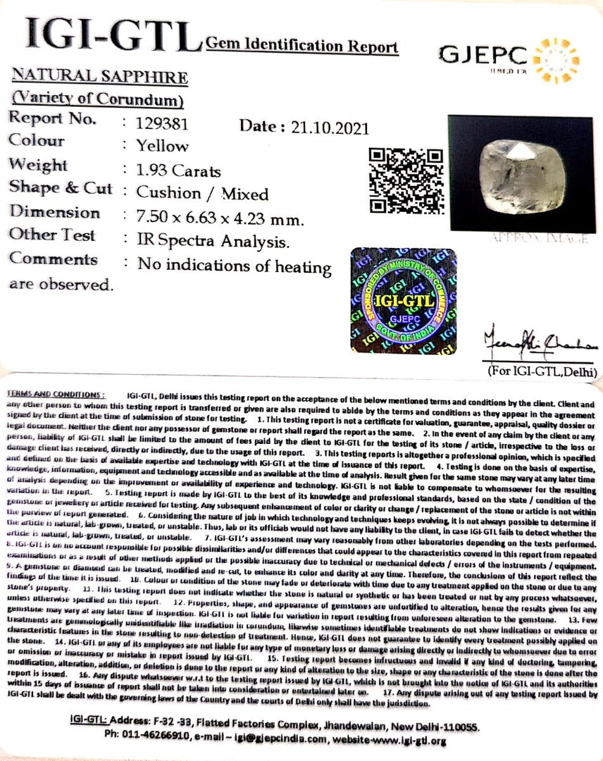 1.93/CT Natural Ceylonese Pukhraj with Govt Lab Certificate-4551