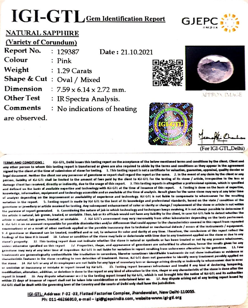 1.29/CT Natural Pink Sapphire with Govt Lab Certificate-8991