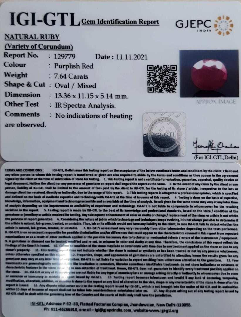 7.64/CT Natural Ruby Stone with Govt. Lab Certificate-129779