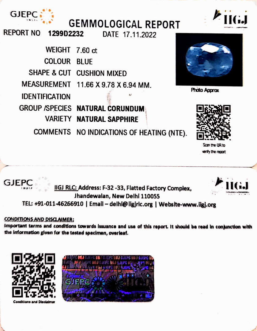 7.6/CT Natural Certified Neelam Gemstone -1299D2232