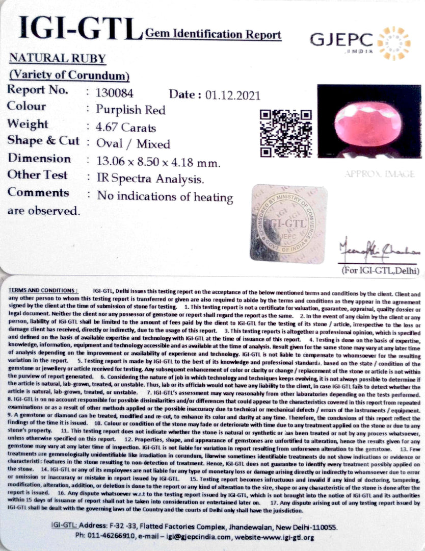 4.67/CT Natural Ruby Stone with Govt. Lab Certificate-130084