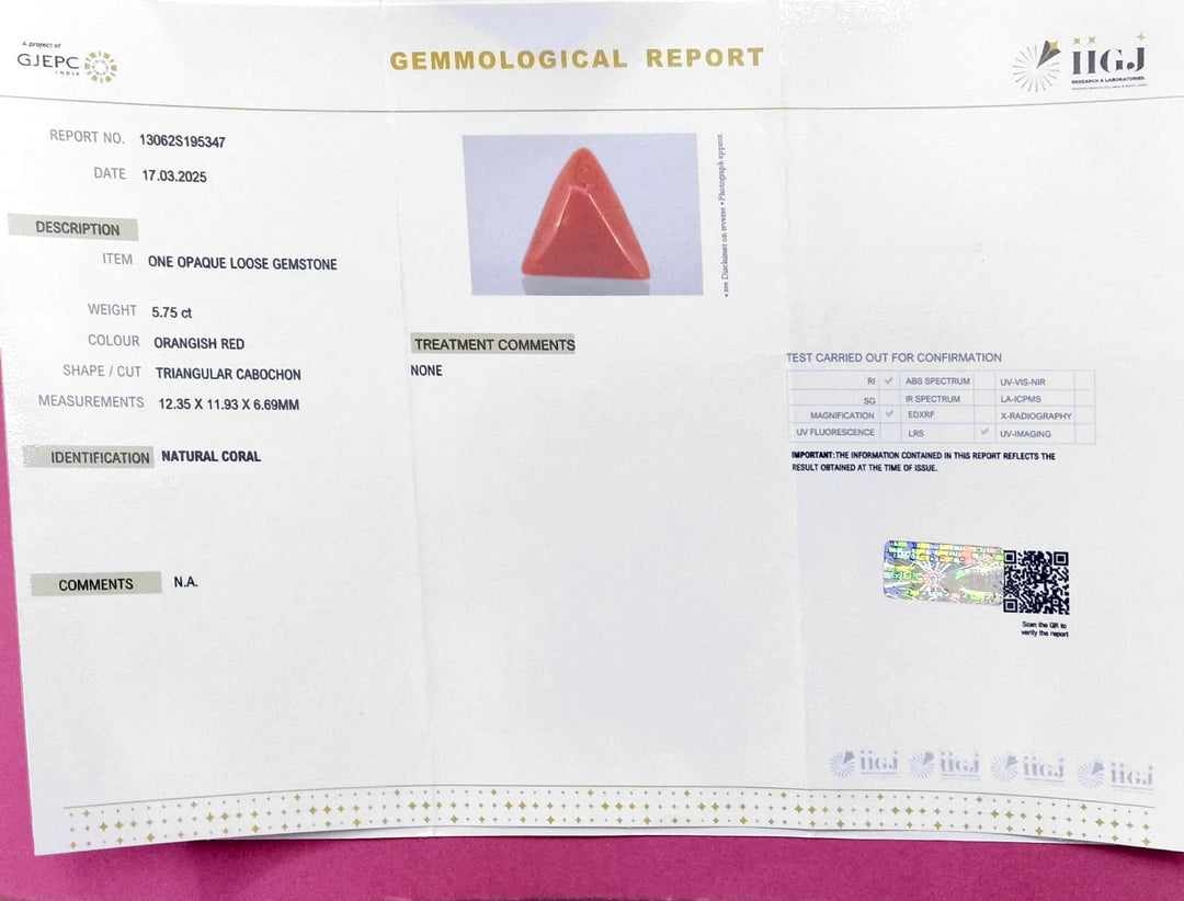 5.75/CT Natural Red Coral With Govt. Lab Certificate
