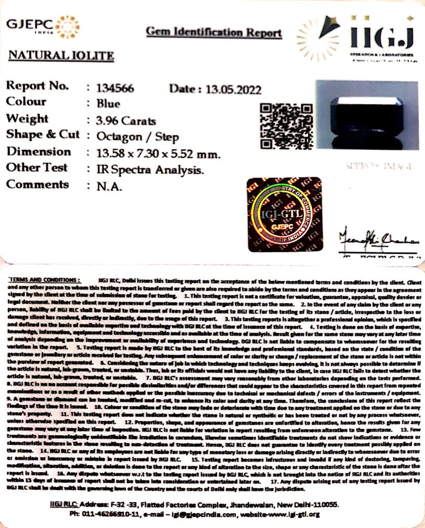 3.96/CT Natural Iolite with Govt Lab Certificate-(832)