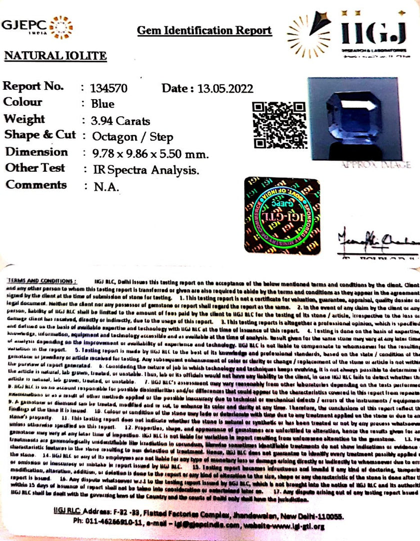 3.94/CT Natural Iolite with Govt Lab Certificate-(1221)