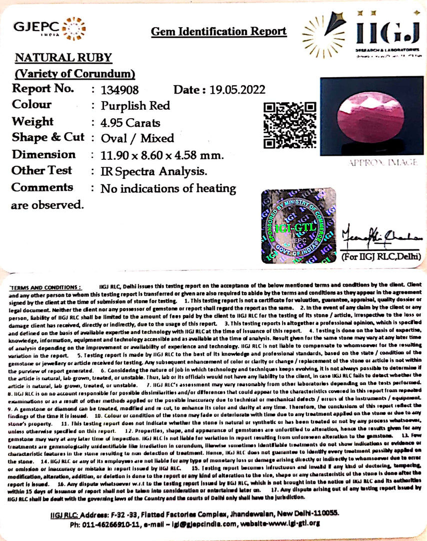 4.95/CT Natural Ruby Stone with Govt. Lab Certificate-134908