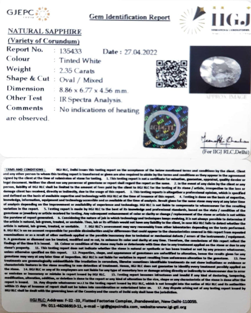 2.35/CT Natural White Sapphire with Govt Lab Certificate-135433