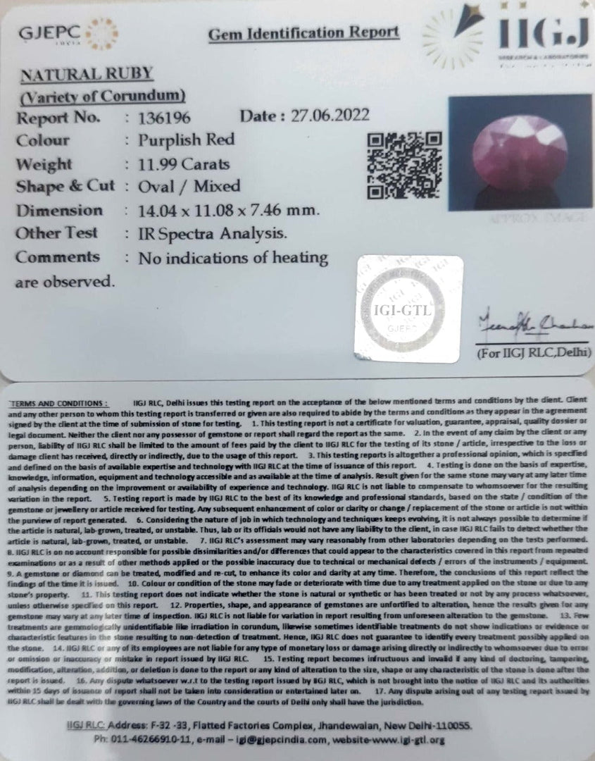 11.99/CT Natural Indian Ruby with Govt. Lab Certificate-2331
