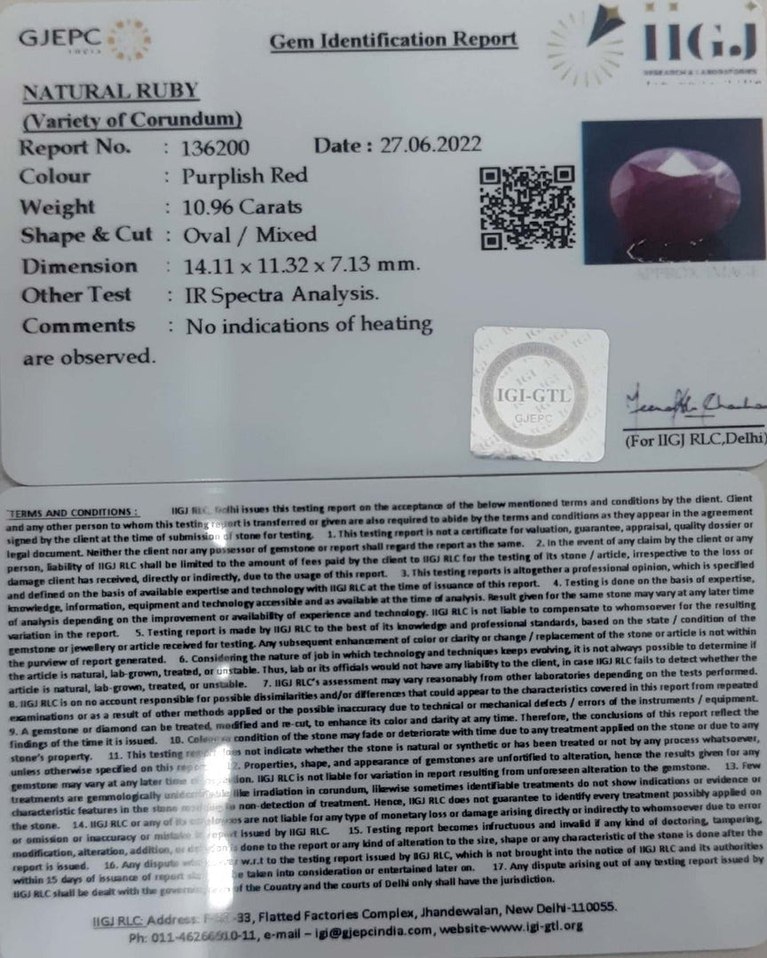 10.96/CT Natural Indian Ruby with Govt. Lab Certificate-2331