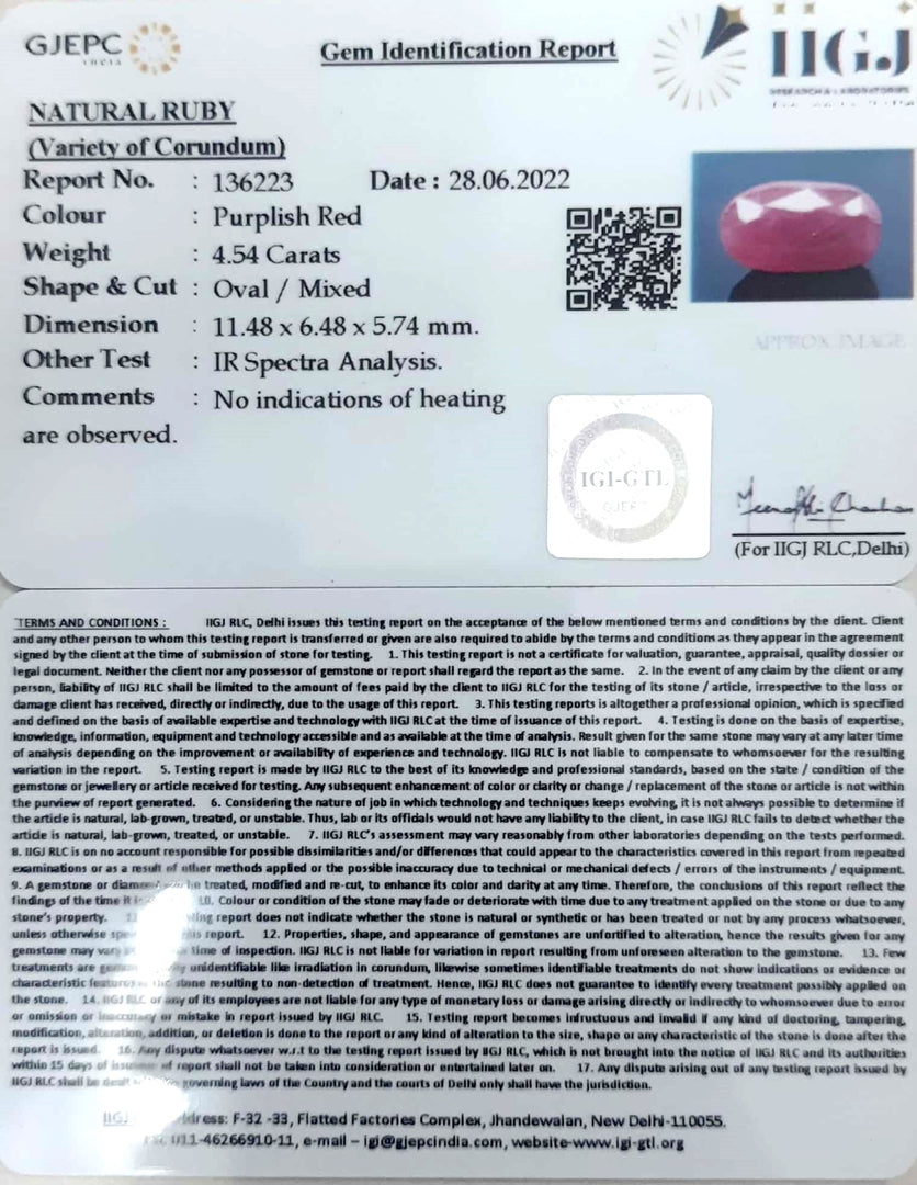 4.54/CT Natural Ruby Stone with Govt. Lab Certificate-136223