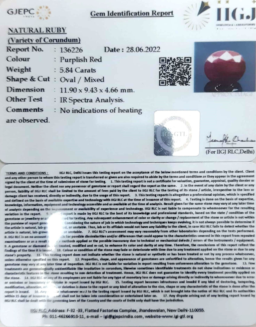 5.84/CT Natural Ruby Stone with Govt. Lab Certificate-136226