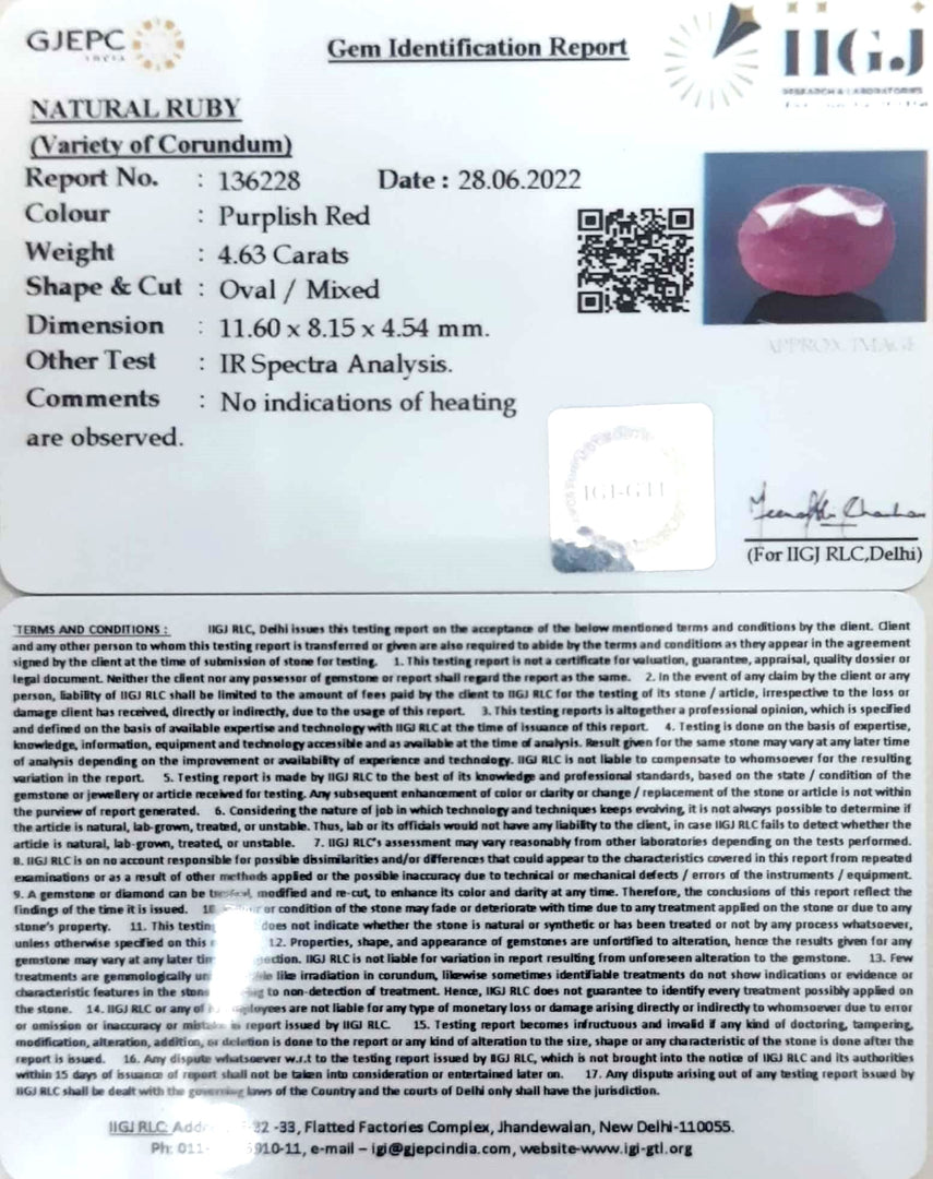 4.63/CT Natural Ruby Stone with Govt. Lab Certificate-136228