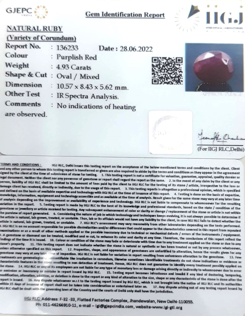 4.93/CT Natural Ruby Stone with Govt. Lab Certificate-136233