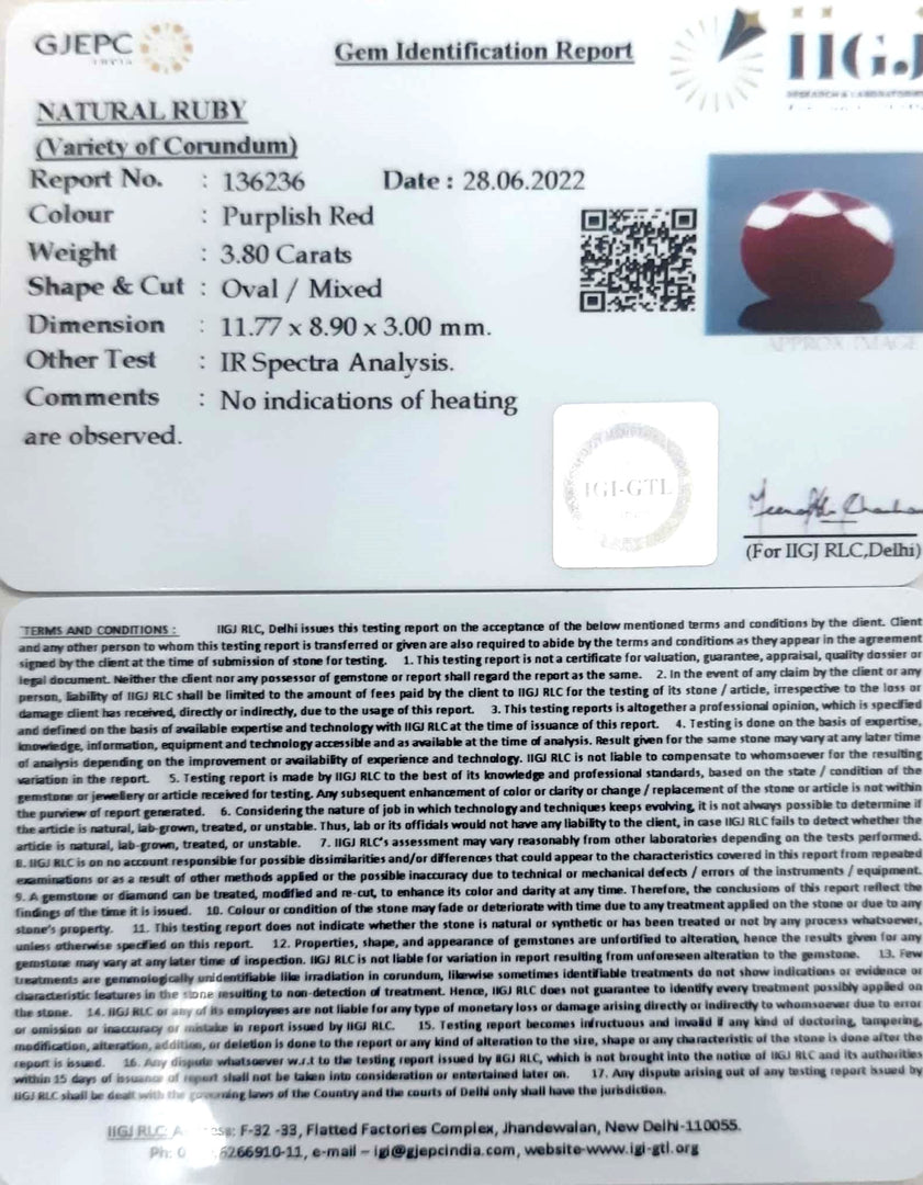 3.80/CT Natural Ruby Stone with Govt. Lab Certificate-136236