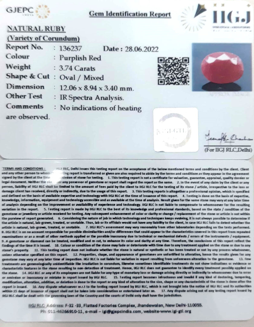 3.74/CT Natural Ruby Stone with Govt. Lab Certificate-136237