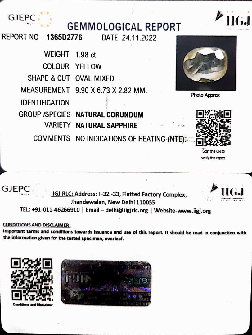 1.98/CT Natural Ceylonese Pukhraj with Govt Lab CertificatE-YELSA9T