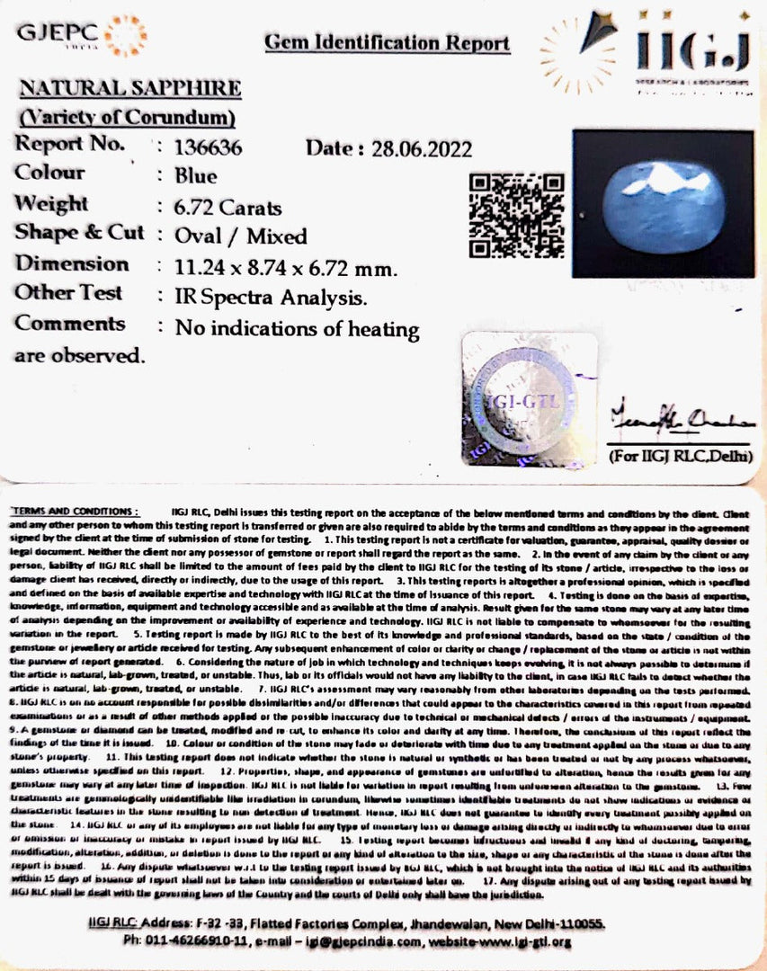7.45 Ratti Natural Blue Sapphire With Govt Lab Certified-(6771)