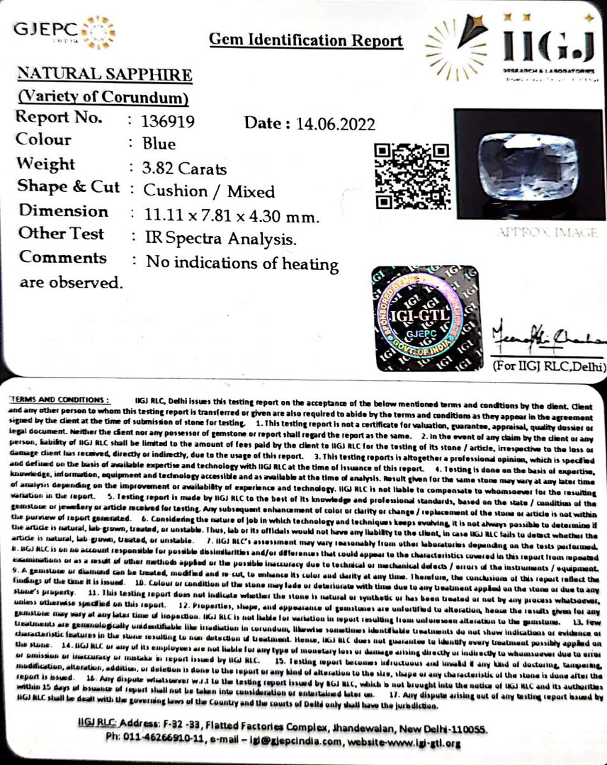 3.82/CT Natural Blue Sapphire with Govt Lab Certificate-BLUSA9T