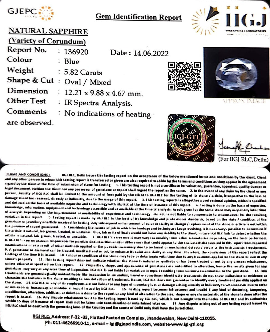 5.82/CT Natural Neelam with Govt Lab Certificate (12210)