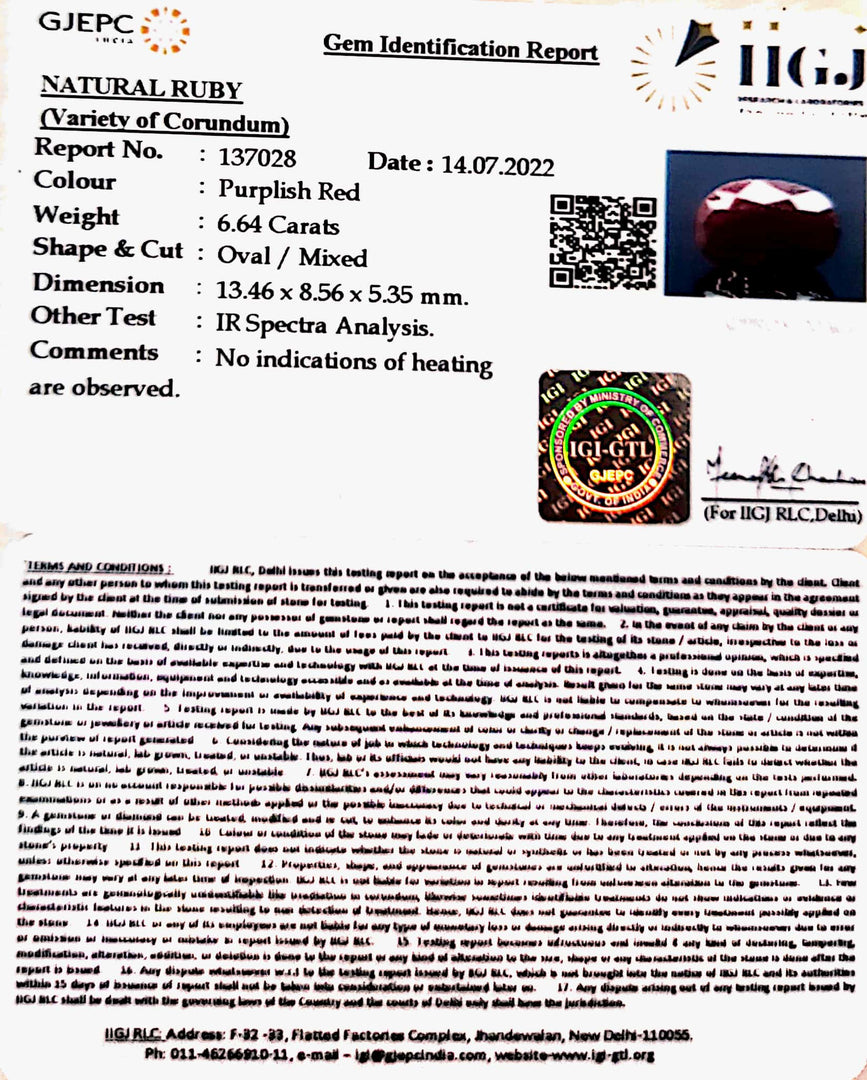 6.64/CT Natural Ruby Stone with Govt. Lab Certificate-137028