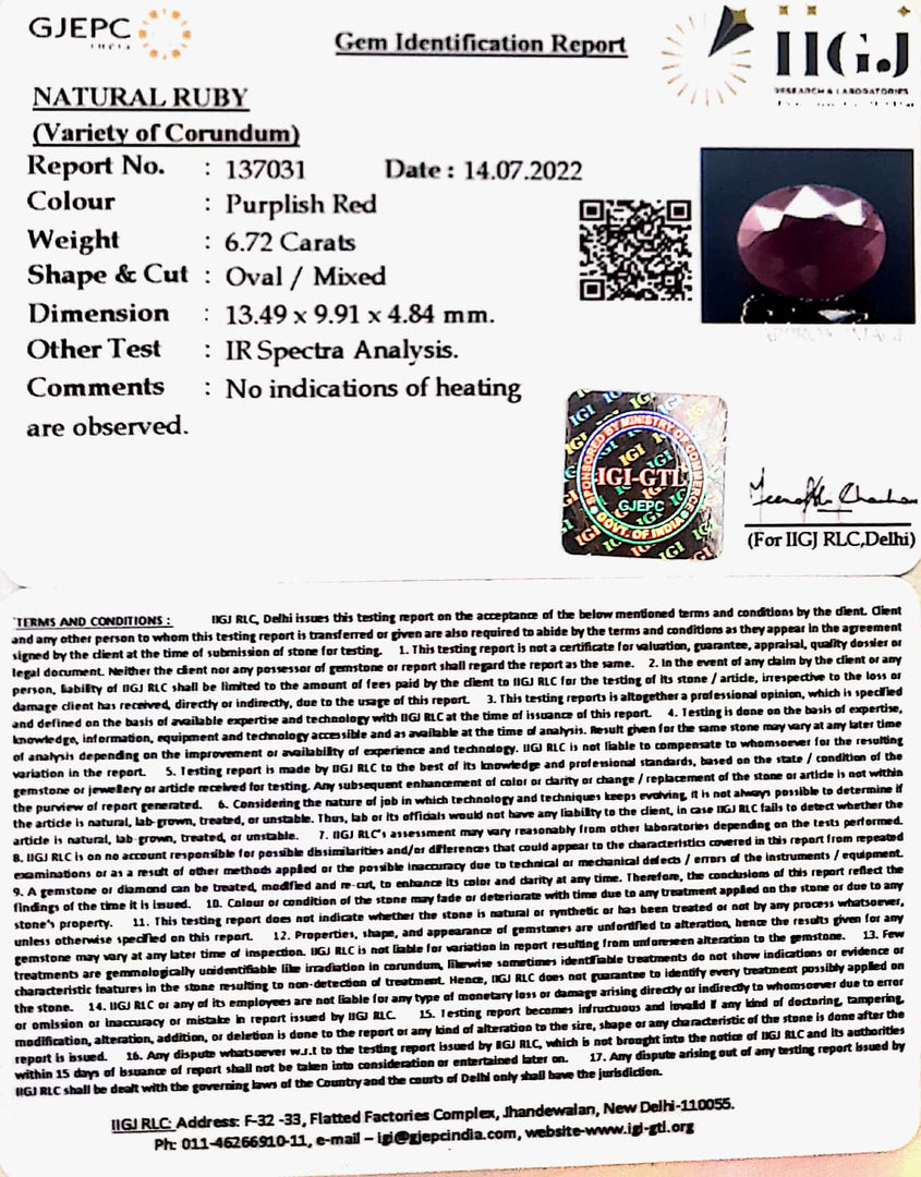 6.72/CT Natural Ruby Stone with Govt. Lab Certificate-137031