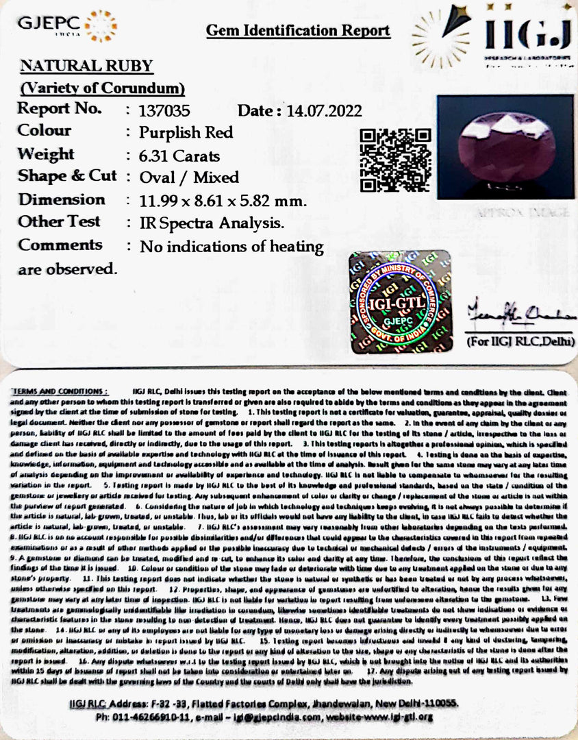 6.31/CT Natural Ruby Stone with Govt. Lab Certificate-137035