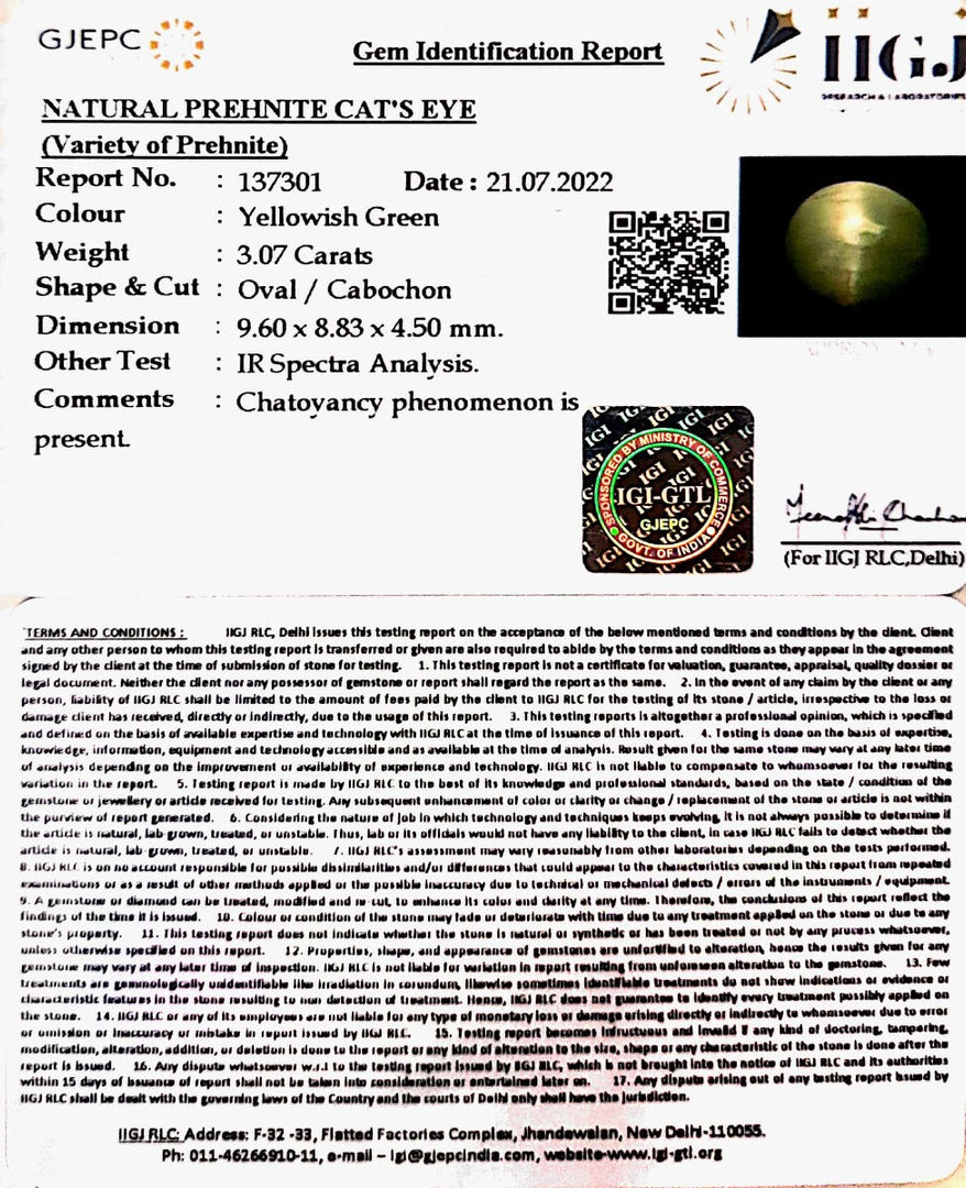 3.07/CT Natural Prehnite cats eye with Govt. Lab certified-(1221)