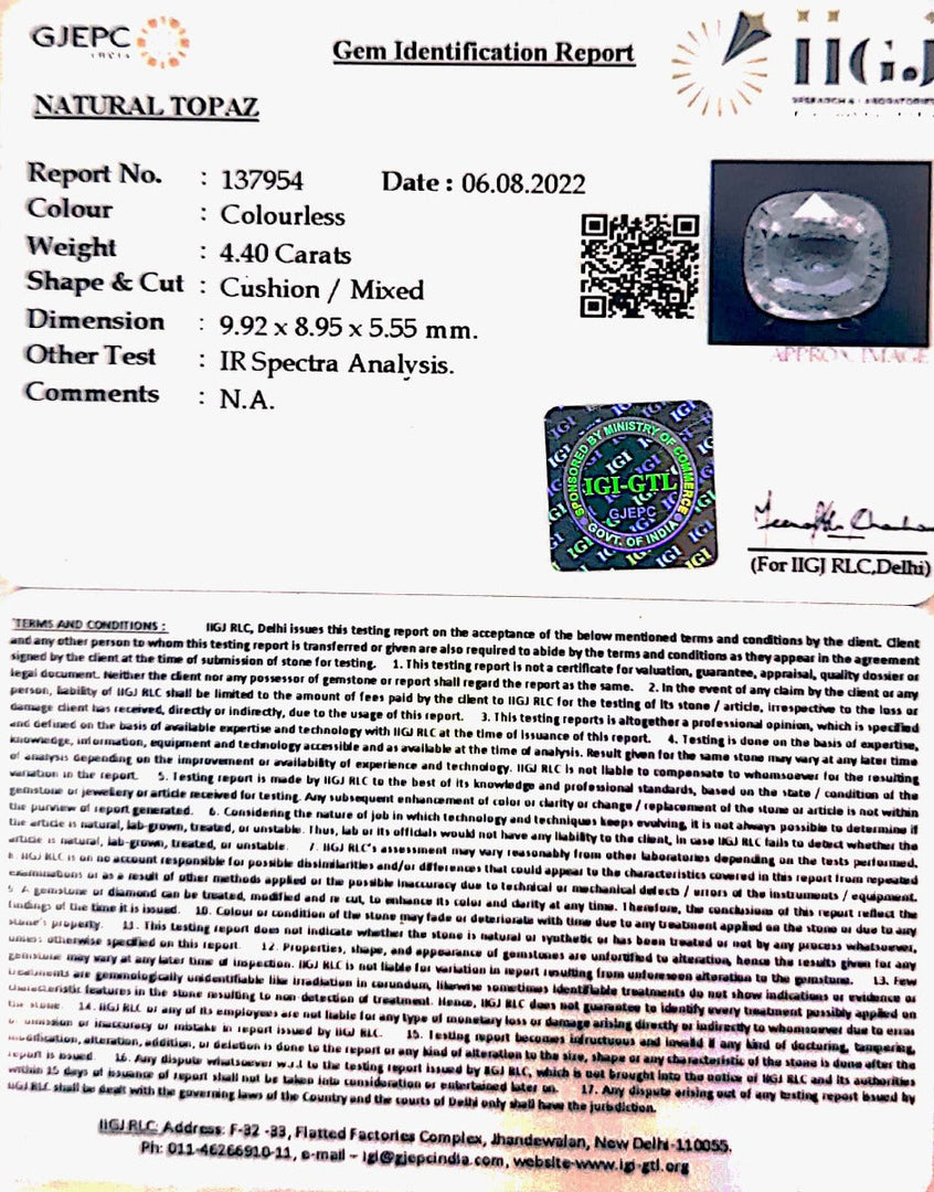 4.88 Ratti Natural White Topaz with Govt Lab Certificate (1665)