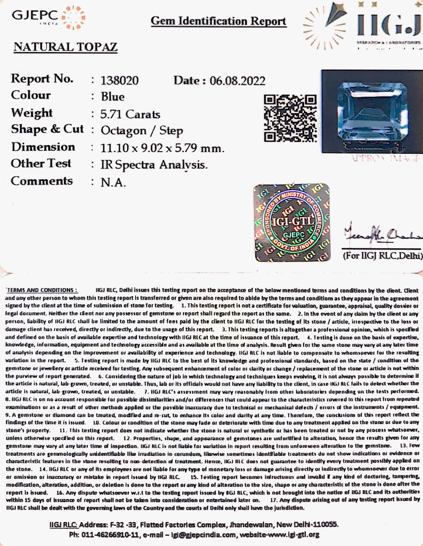5.71/CT Natural Certified Blue Topaz Gemstone -138020