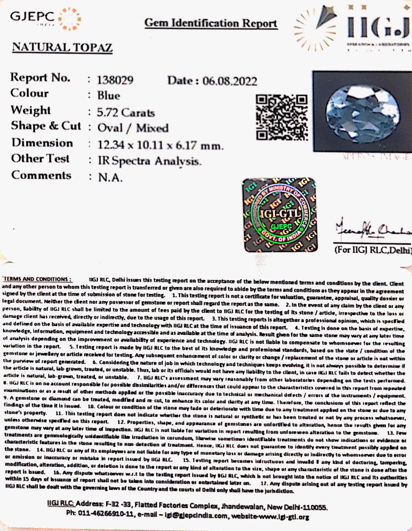 5.72/CT Natural Certified Blue Topaz Gemstone -138029